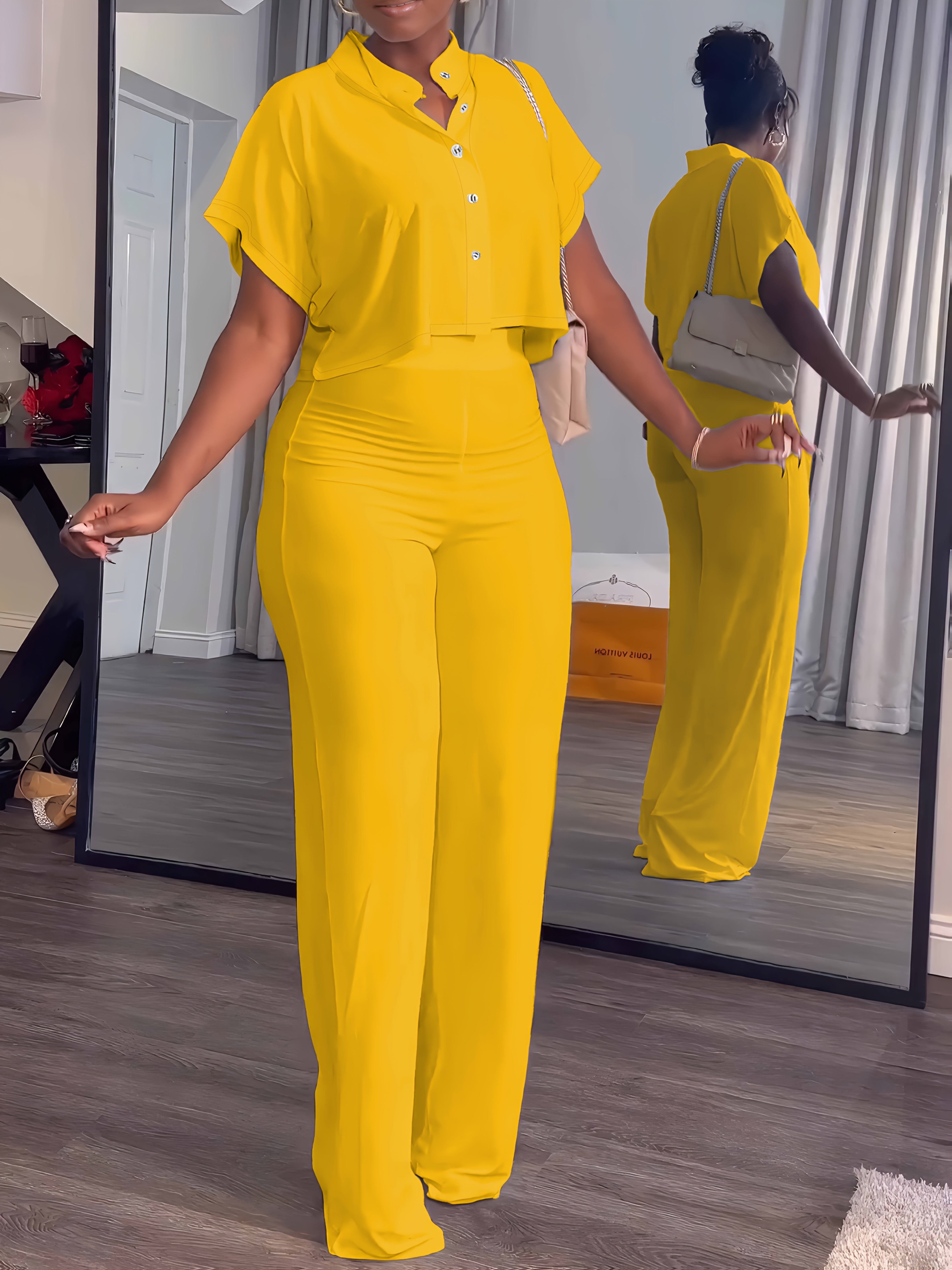 Women's Summer 2pcs Outfits Casual Tracksuit Short Sleeve Button Crop Top Wide Leg Long Pant Lounge Sets